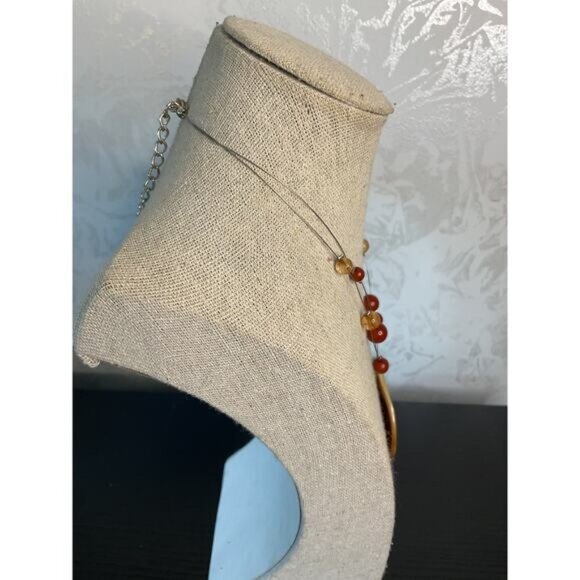 Multilayered Wire Necklace With Brown Beads Large Round Pendant Adjustable Chain - Picture 3 of 4